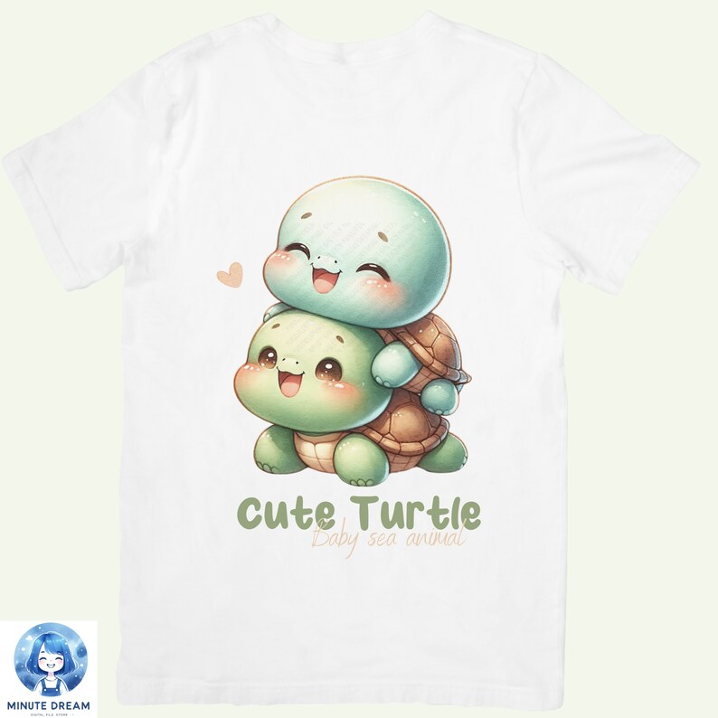 May include: White t-shirt with a graphic of two cute cartoon turtles. The top turtle is light blue and the bottom turtle is green. The text "Cute Turtle Baby sea animal" is printed below the turtles.