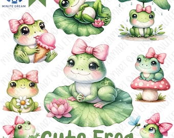 Cute Frog Clipart, with a pink bow PNG, funny on lotus leaf, Watercolor Sublimation, cake, singing, daisy flower, mushroom