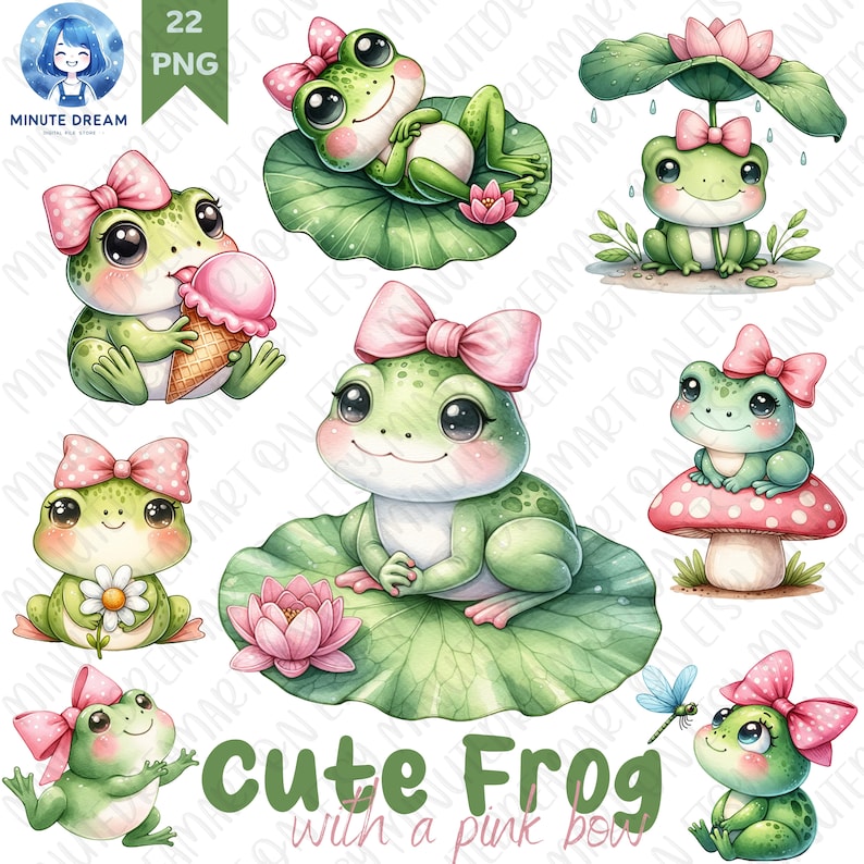 May include: A set of 8 digital illustrations of cute green frogs wearing pink bows. The frogs are in various poses, including sitting on lily pads, holding ice cream cones, and sitting on mushrooms. The illustrations are perfect for use in scrapbooking, card making, and other craft projects.