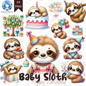 Cute sloth Clipart, Funny Birthday clipart, Gift for kid ,  watercolor sublimation, cake, balloon, party birthday