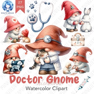 Doctor Gnome Clipart, animal veterinario, Sublimación de acuarela, animal mascota png, Tratamiento, Vacunación