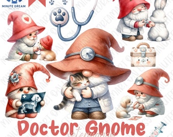 Doctor Gnome Clipart, veterinarian animal, Watercolor Sublimation, animal pet png, Treating, Vaccinating