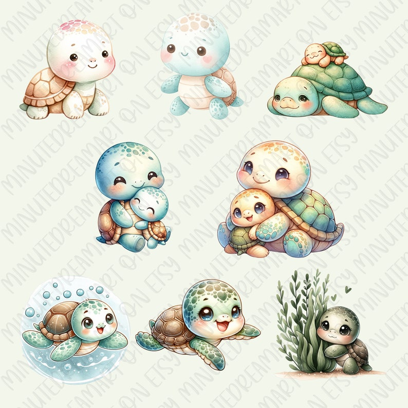 May include: Nine digital illustrations of cute cartoon sea turtles in various poses. The turtles are drawn in a watercolor style with soft colors and details. Some turtles are hugging, others are swimming, and one is sitting on a rock.