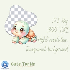 May include: A cute cartoon turtle with big eyes and a light green shell. The turtle is lying on its belly with its legs tucked under its shell. The background is a light green color.