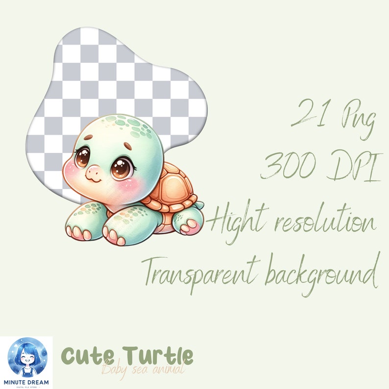 May include: A cute cartoon turtle with big eyes and a light green shell. The turtle is lying on its belly with its legs tucked under its shell. The background is a light green color.