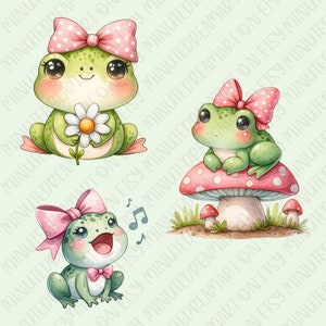 May include: Three cartoon frogs with pink bows and green bodies. One frog is holding a white daisy, another is sitting on a pink and white mushroom, and the third is singing with musical notes around it.