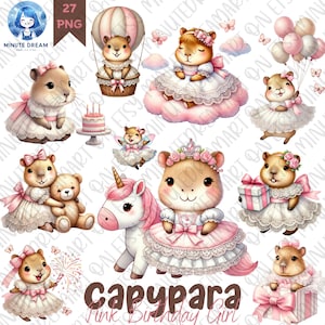 Capybara Birthday Girl Clipart, Cute Pink Capybara PNG,  Watercolor Sublimation, Cake, Balloons, Presents and Princess Dress for Party