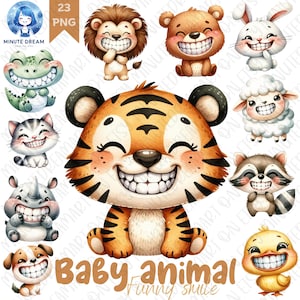 Joli bébé clipart animal, png d'animaux rigolos, sublimation aquarelle, beau sourire, chat, chien, lion, tigre, panda, hippopotame, lapin, jour du sourire