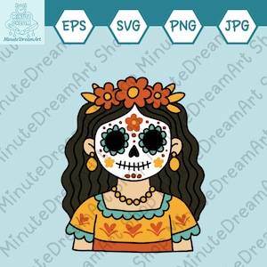 Sugar Skull Lady SVG, Day of the Dead Woman Clipart, PNG, JPG, cut file for Cricut, catrina svg, Sublimation,  halloween Mexican Dress