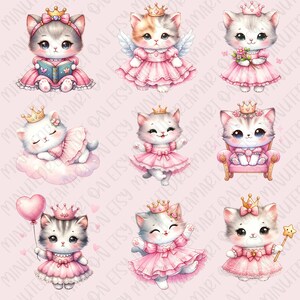 May include: A set of nine digital illustrations featuring cute cartoon cats dressed as princesses. The cats are wearing pink dresses, crowns, and other princess accessories. Some of the cats are holding books, flowers, or wands. The illustrations are perfect for use in digital scrapbooking, card making, or other creative projects.