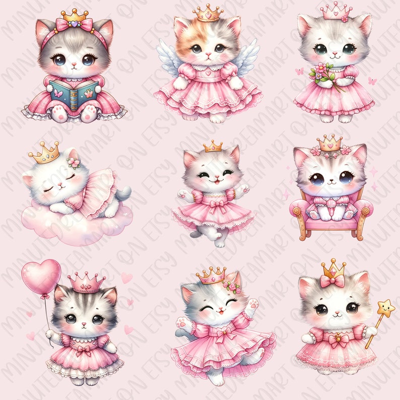 May include: A set of nine digital illustrations featuring cute cartoon cats dressed as princesses. The cats are wearing pink dresses, crowns, and other princess accessories. Some of the cats are holding books, flowers, or wands. The illustrations are perfect for use in digital scrapbooking, card making, or other creative projects.