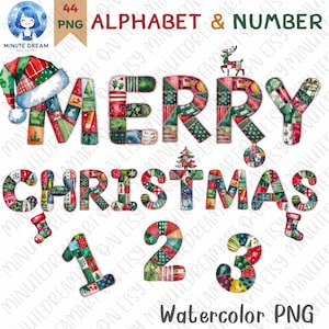 Patchwork Christmas Alphabet Clipart: Watercolor Quilted Letters (PNG)