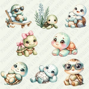 May include: A set of ten digital illustrations of cute cartoon turtles in various poses. The turtles are wearing sunglasses, bows, and have different colored shells.