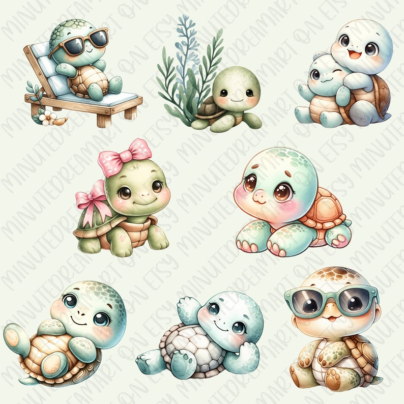 May include: A set of ten digital illustrations of cute cartoon turtles in various poses. The turtles are wearing sunglasses, bows, and have different colored shells.