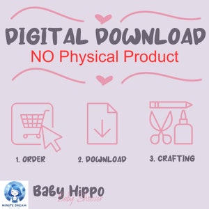 Op de afbeelding: Een roze en witte afbeelding met de tekst "DIGITAAL DOWNLOAD GEEN Fysiek Product" en drie pictogrammen die de stappen voorstellen om een digitaal product te downloaden en te knutselen: 1. Bestellen, 2. Downloaden, 3. Knutselen.