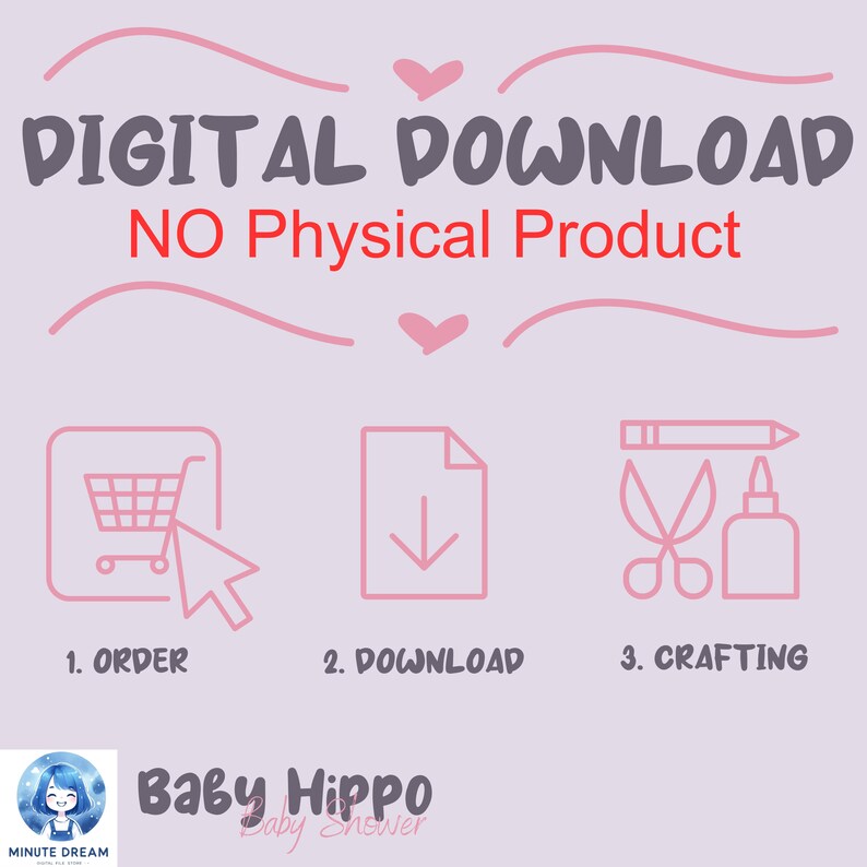 Op de afbeelding: Een roze en witte afbeelding met de tekst "DIGITAAL DOWNLOAD GEEN Fysiek Product" en drie pictogrammen die de stappen voorstellen om een digitaal product te downloaden en te knutselen: 1. Bestellen, 2. Downloaden, 3. Knutselen.