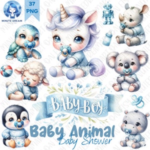 lindo Clipart de animal bebé, con lazo azul, Regalo para baby shower de niño, Sublimación de acuarela, guardería, Clipart de cumpleaños de niño