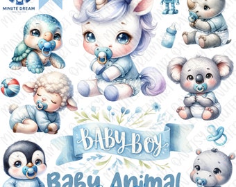 Clipart babydieren: blauwe strik, aquarel kinderkamer (digitale download)