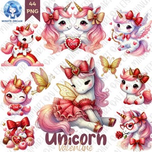 Valentine Unicorn Clipart, süßes Einhorn png, Valentinstag, Aquarell Sublimation, Romantische Fantasie, Geschenk für Liebe, Rose, Schmetterling