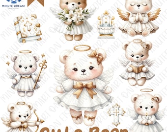 Cute Bear Clipart, baby Angel teddy bear png, Religious Event, watercolor sublimation, gift for kid,  Baptism & Christening
