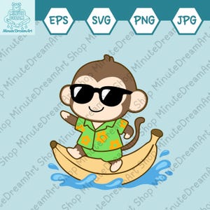 Cool singe banane surf SVG, Clipart singe de plage tropicale, baby shower faune, PNG, JPG, fichier de coupe pour Cricut, Animal de vacances d'été