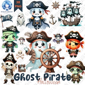 May include: A set of 38 digital illustrations featuring cute cartoon characters dressed as pirates for Halloween. The characters include a ghost, a vampire, a Frankenstein, a pumpkin, a skeleton, and a zombie. The illustrations are in a watercolor style and feature bright colors.
