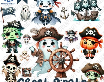 Ghost Pirate Clipart: Halloween Watercolor PNG (38 Files)