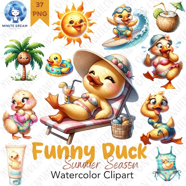 Funny Duck Clipart, Summer Season, Watercolor Sublimation, beach activities, Nursery, Coconut, Sunscreen, swimming costume