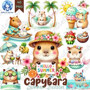 Op de afbeelding: Een set digitale clipart met capybara's in verschillende zomerse scènes. De capybara's zijn afgebeeld met zonnebrillen, badpakken en genieten van activiteiten zoals zwemmen, zonnebaden en watermeloen eten. De clipart is perfect voor het maken van uitnodigingen, kaarten en andere zomerse projecten.