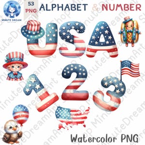 USA Alphabet Buchstaben, 4. Juli PNG, Unabhängigkeitstag, Aquarell Sublimation, A-Z, 0-9, Katze, Hund, Hut, Buchstaben der amerikanischen Flagge