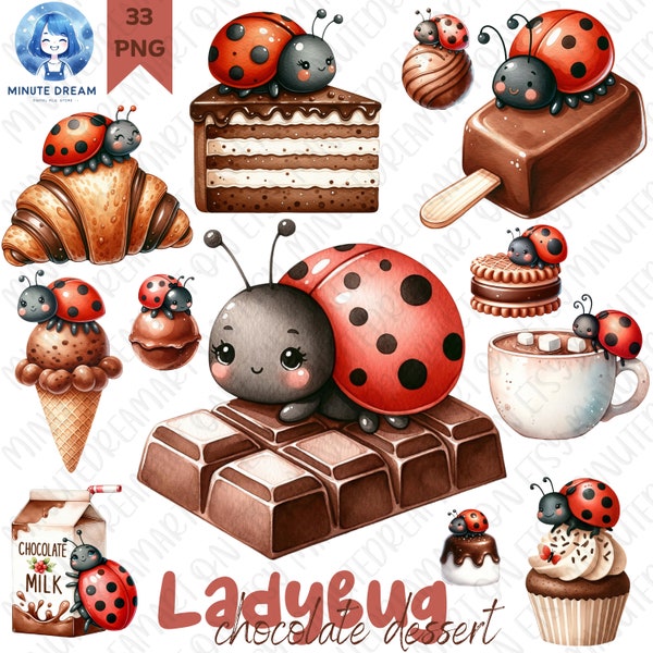 Chocolate ladybug Clipart, dessert PNG, sweet bug clipart, Watercolor Sublimation, food & drink, cake, donut, icecream, cookie, Smoothies