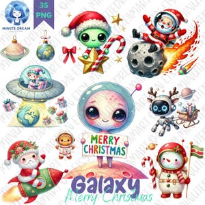 Galaxy Weihnachten Clipart, Weltraum Urlaub png, Festliche Aliens, Aquarell Sublimation, Geschenk für Kind, Santa Rockets & Festliche galaktische Szenen