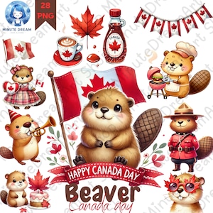 Canada Day Beaver Clipart, niedlicher kanadischer Urlaub png, Geschenk für Babyparty, Aquarell Sublimation, Ahornblätter, Flaggen, Mountie, BBQ