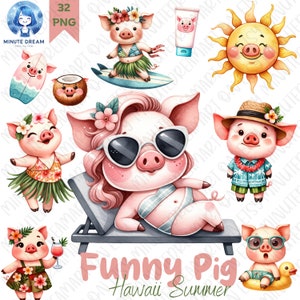 Clipart de cerdo divertido, temporada de verano hawaiana, sublimación de acuarela, actividades de playa, guardería, coco, cóctel, traje de baño png,