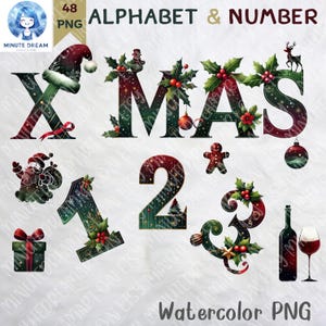 Watercolor Christmas Alphabet Clipart: Holiday Letters & Numbers (PNG)