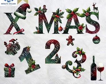 Watercolor Christmas Alphabet Clipart: Holiday Letters & Numbers (PNG)