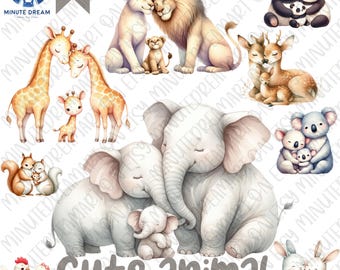 Watercolor Animal Family Clipart: Nursery Decor PNG (Digital Download)