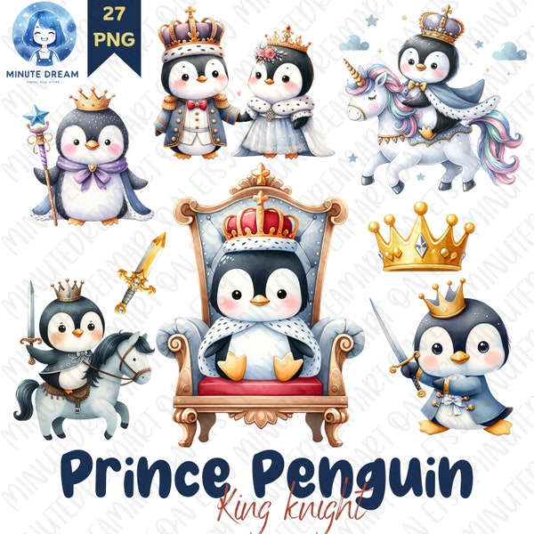 Cute Prince Penguin Clipart, king knight png,  watercolor sublimation, gift for boy, animal crown, fantasy, sword, unicorn, dragon