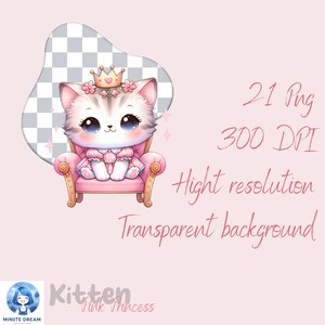 May include: A cartoon kitten wearing a pink dress and a gold crown sits on a pink throne. The kitten has blue eyes and a pink nose. The background is a light pink color.