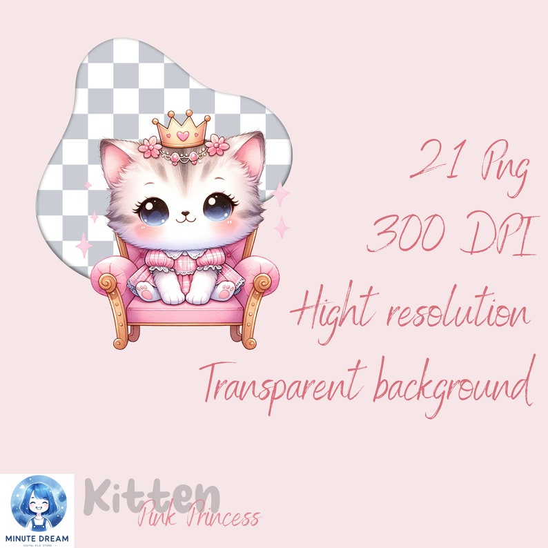 May include: A cartoon kitten wearing a pink dress and a gold crown sits on a pink throne. The kitten has blue eyes and a pink nose. The background is a light pink color.