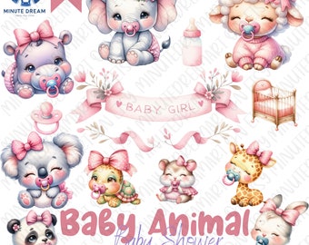 Clipart babydieren: aquarel roze strikken, babyshower voor meisjes (PNG)
