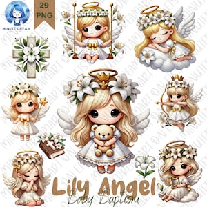 Clipart ange mignon, bébé lys ange png, événement religieux, sublimation aquarelle, cadeau pour enfant, baptême et baptême