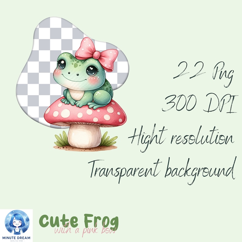 May include: A cute green frog with pink eyes and a pink bow sits on a red and white mushroom. The frog is cartoon-style and has a whimsical expression. The background is a light green.
