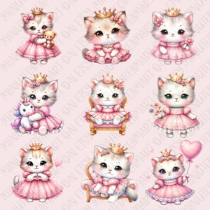May include: Nine digital illustrations of cute cartoon kittens wearing pink dresses and crowns. Some kittens are holding a unicorn, flowers, or a heart-shaped balloon. Some kittens are sitting on a golden throne.
