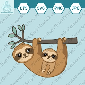 Mãe e bebê preguiça fofos SVG, clipart de preguiças penduradas, chá de bebê, PNG, JPG, arquivo de corte para Cricut, dia das mães