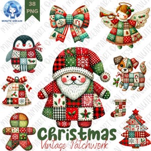 Könnte beinhalten: Ein Set mit 38 digitalen Clipart-Bildern mit einem Weihnachtsmotiv. Die Bilder sind im Vintage-Patchwork-Stil gehalten und zeigen verschiedene Figuren und Objekte, darunter den Weihnachtsmann, einen Pinguin, einen Lebkuchenmann, einen Weihnachtsbaum, eine Glocke, eine Schleife, einen Engel und einen Hund. Die Bilder sind perfekt zum Erstellen von festlichen Bastelarbeiten, Karten und anderen Projekten.