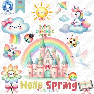 May include: A watercolor illustration of a rainbow, a castle, a unicorn, a ladybug, a butterfly, a bee, a bird, a flower, a cloud, a sun, a snail, a book, and a sign that says "Hello Spring".