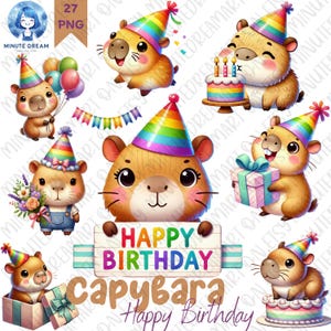 Cute Capybara Clipart, Gift for kid ,  watercolor sublimation, cupcake, balloon, party birthday, rainbow funny Birthday clipart,