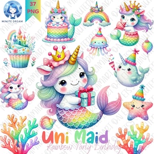 Unicórnio Clipart, sublimação aquarela, sereia arco-íris festa aniversário, cupcake, coral, presente para criança, balão, cartão de feliz aniversário