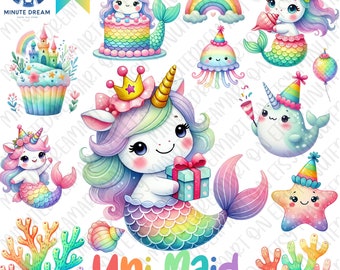 Unicorn Mermaid Clipart: Watercolor Rainbow Party Graphics (PNG)